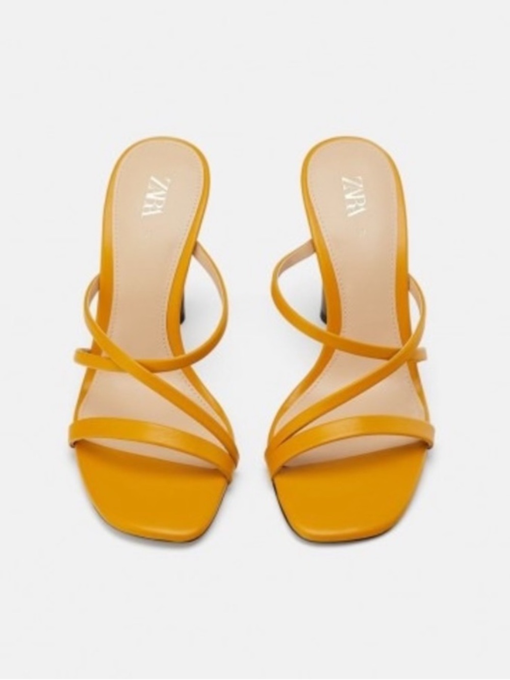 Zara Mustard Yellow Strappy Clear-Accent Mule Heels